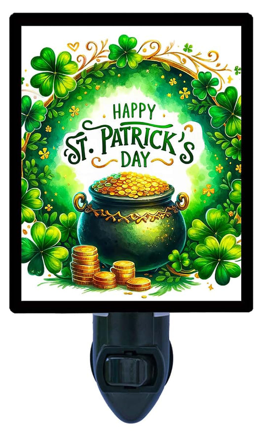Night Light Designs LED Night Light, Pot of Gold – St. Patrick's Day Design, Fully Enclosed, Rotating Plug, Glass Front