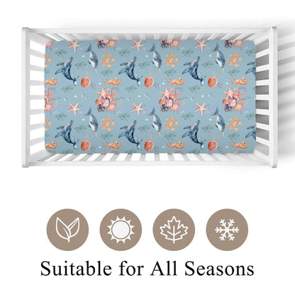 Wicbfdfv Watercolor Blue Whales Fitted Crib Sheet (photo 2)