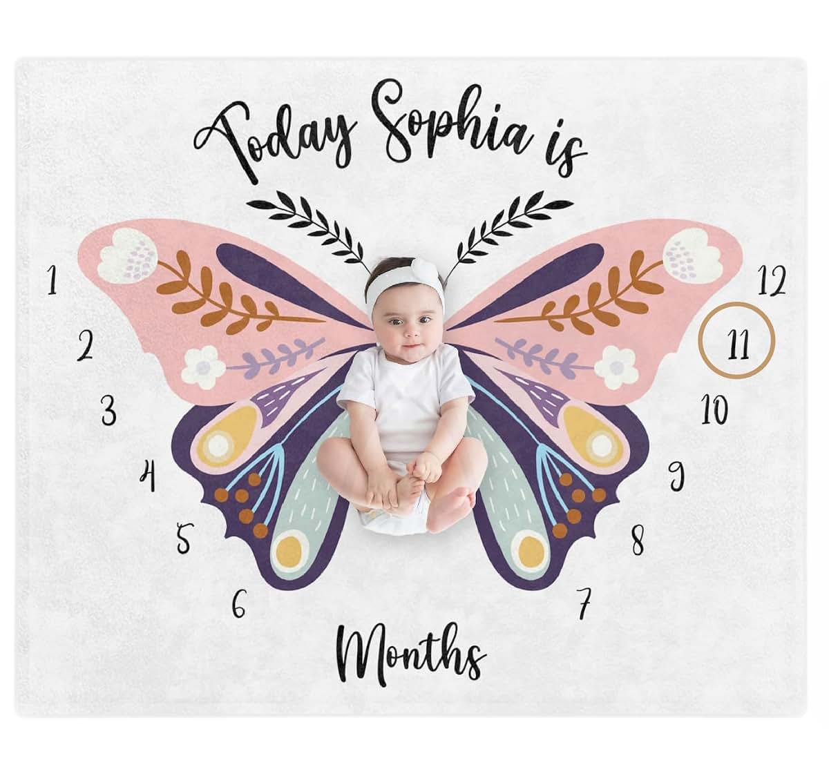 Ferdus Personalized Baby Blanket with Name Boho Moon Baby Monthly Milestone Blanket, Butterfy Baby Gift,Newborn Baby