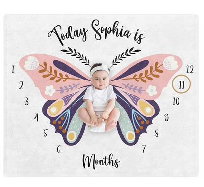 Ferdus Personalized Baby Blanket with Name Boho Moon Baby Monthly Milestone Blanket, Butterfy Baby Gift,Newborn Baby