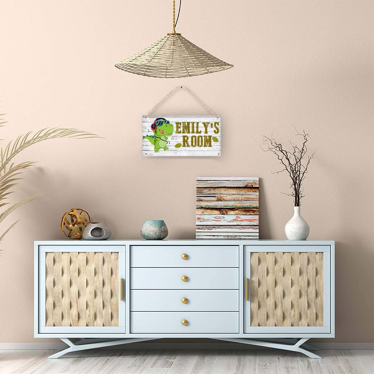 Cusdecor Personalized Cartoon Dinosaur Room Door Sign Custom Name Wood Plaque