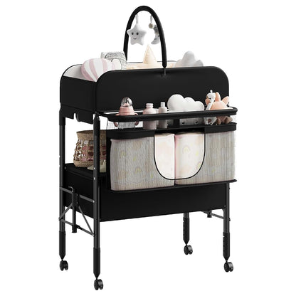 Jojoka Portable Baby Changing Table with Drawers and Wheels - Collapsible Diaper Changing Station - Adjustable Height