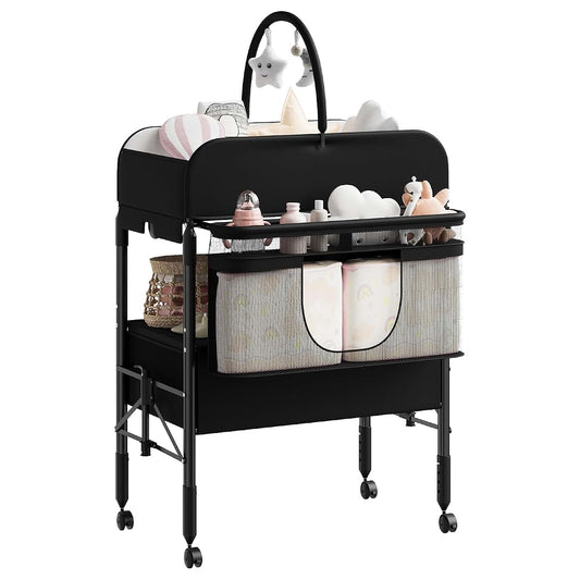 Jojoka Adjustable Height Baby Changing Table with Wheels and Storage in Black