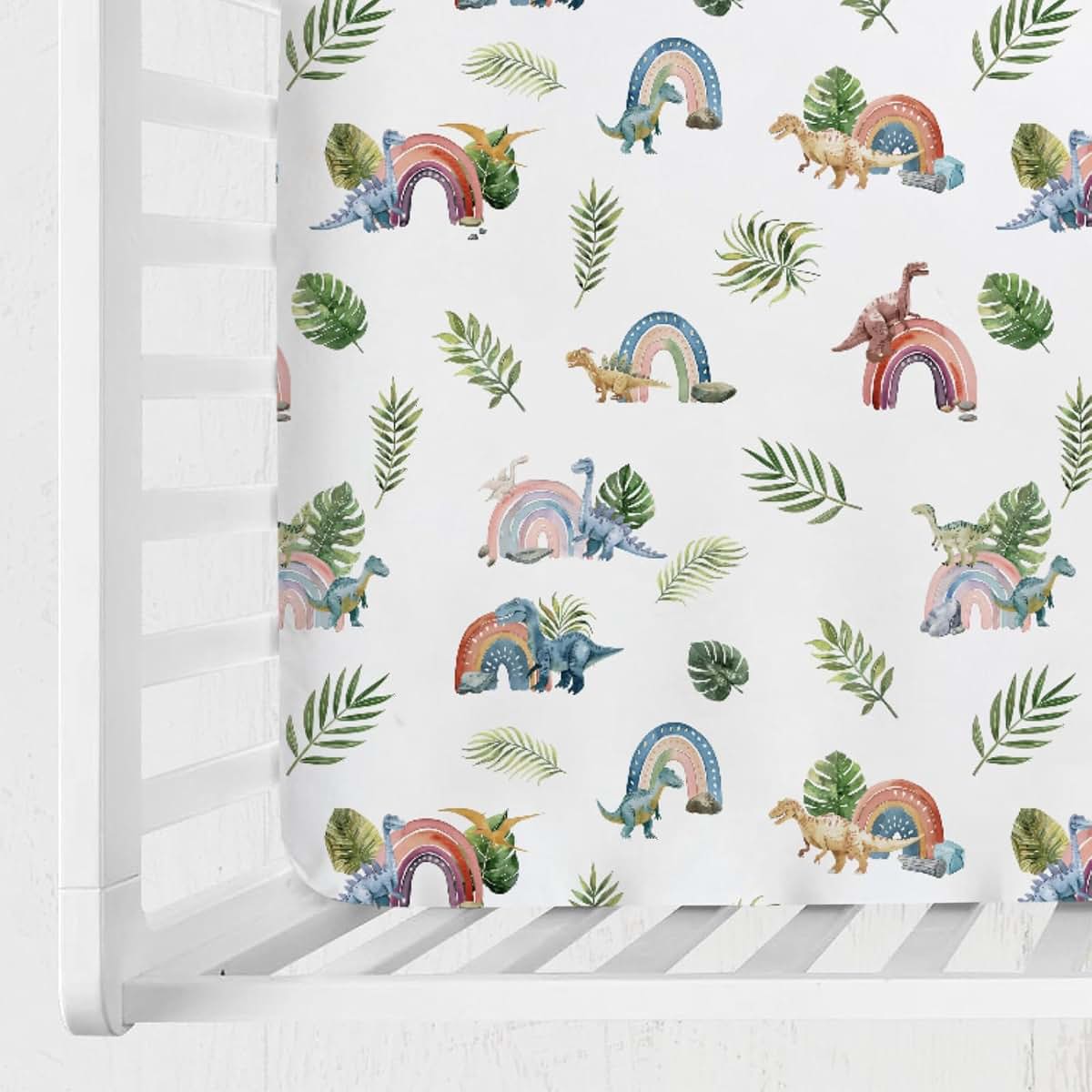 Hwmmbh Colorful Dinosaurs Rainbow Tropical Leaves Baby Crib Sheet, 52''x28'' Stretch Fitted
