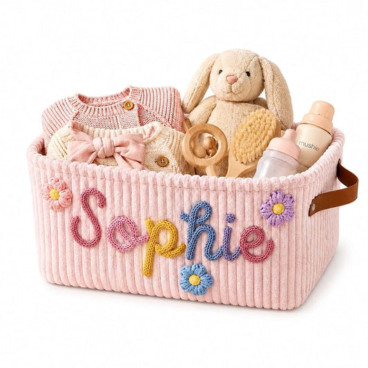 KALOTOYS Personalized Baby Basket with Name, Custom Corduroy Nursery Storage Bin with Knitted Name and Crochet Icons