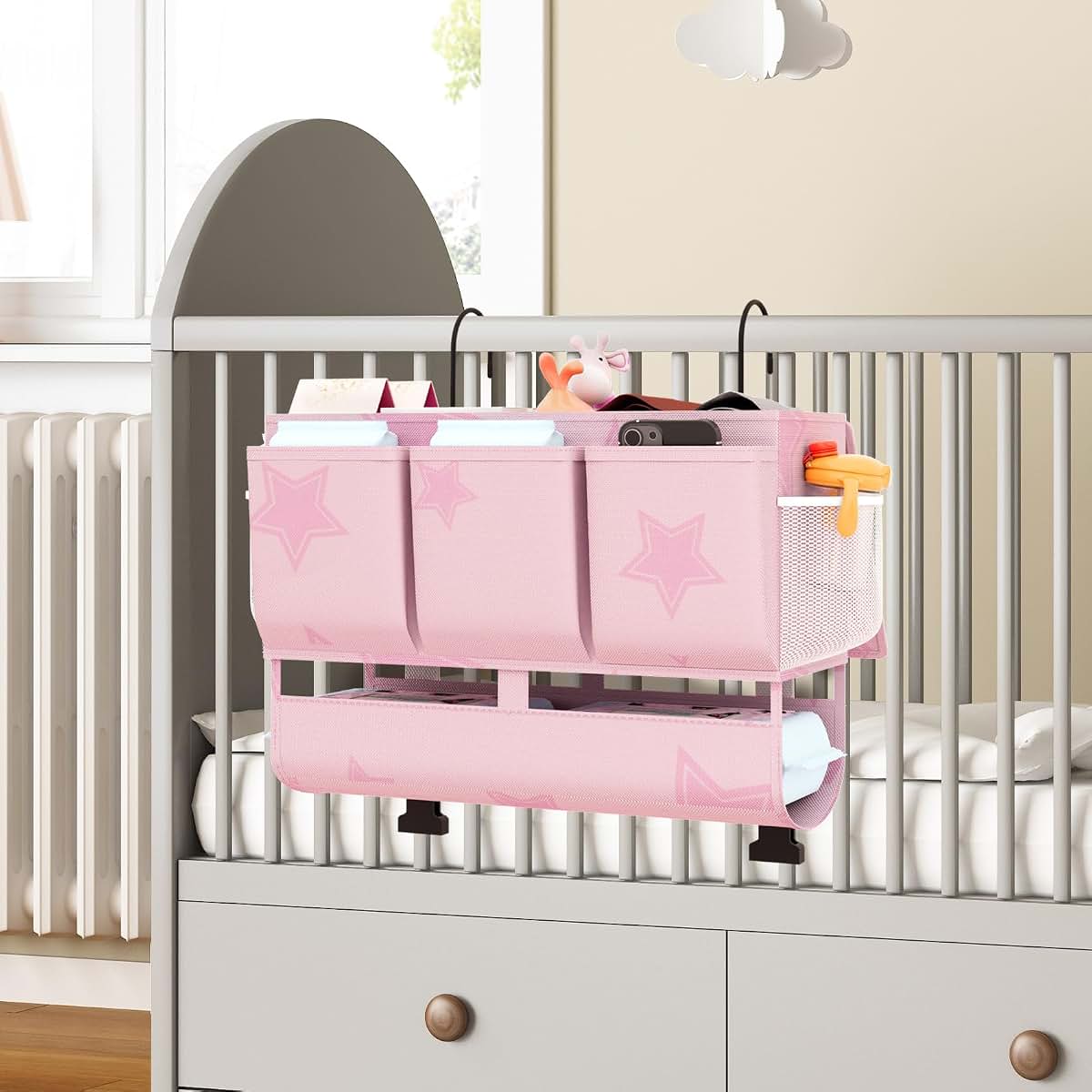 Bedside Organizer Caddy with 7 Pockets for Dorm Rooms and Home Use (Pink)