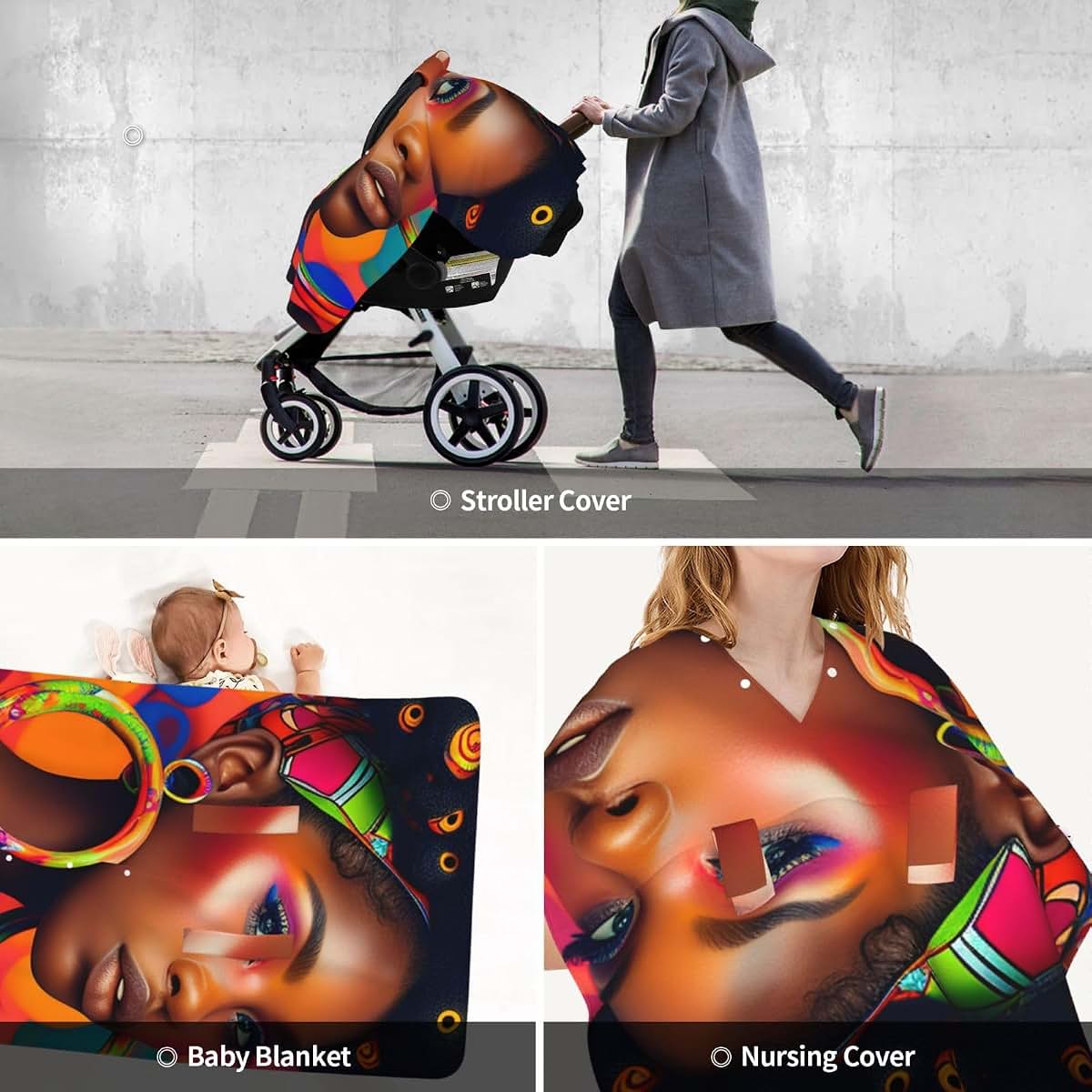 Uvwxyzabc Baby Car Seat Canopy And Nursing Cover With African American Art Design (photo 3)