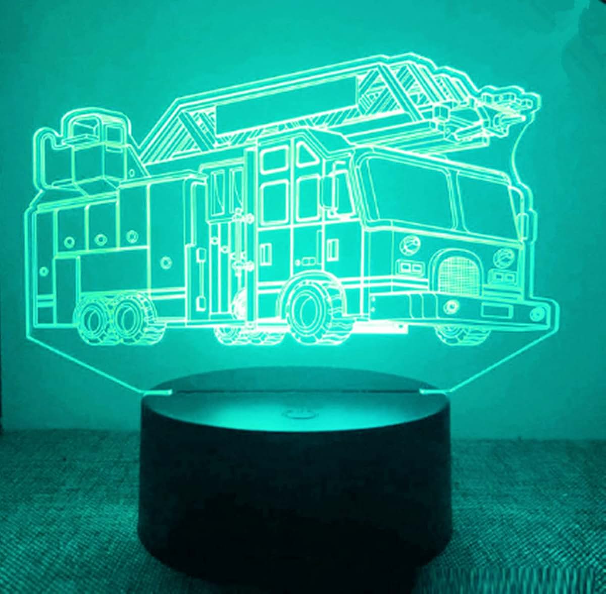 Jinnwell 3D Fire Engine Truck Night Light Lamp Illusion 7 Color Changing Touch Switch Table Desk Decoration Lamps