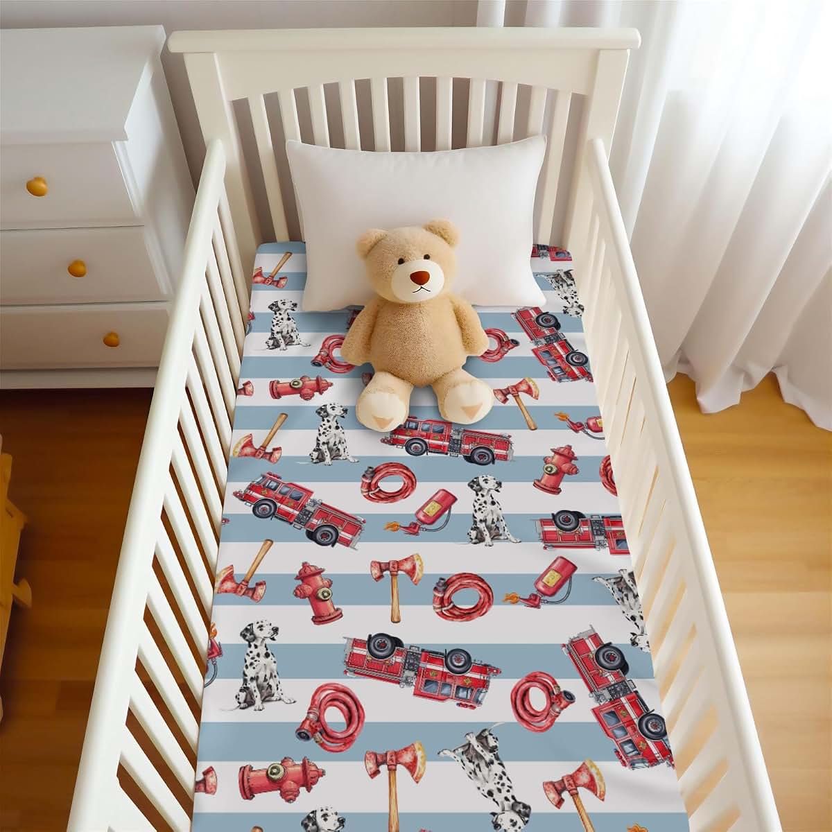 Wicbfdfv Cute Firetrucks Dogs Fitted Baby Crib Sheet for Boys Girls 52x28Inch Red Truck Dog Fitted Crib Mattress Cover