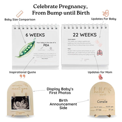 Newborn Nest The Growing Miracle Pregnancy Calendar Bundle with Wooden Ultrasound Photo Frame