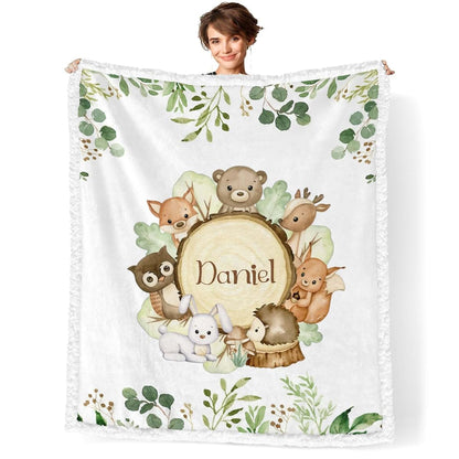 NZOOHY Woodland Animals Personalized Sherpa Baby Blankets for Boys Girls,Soft Newborn Naps Custom Name Blanket for