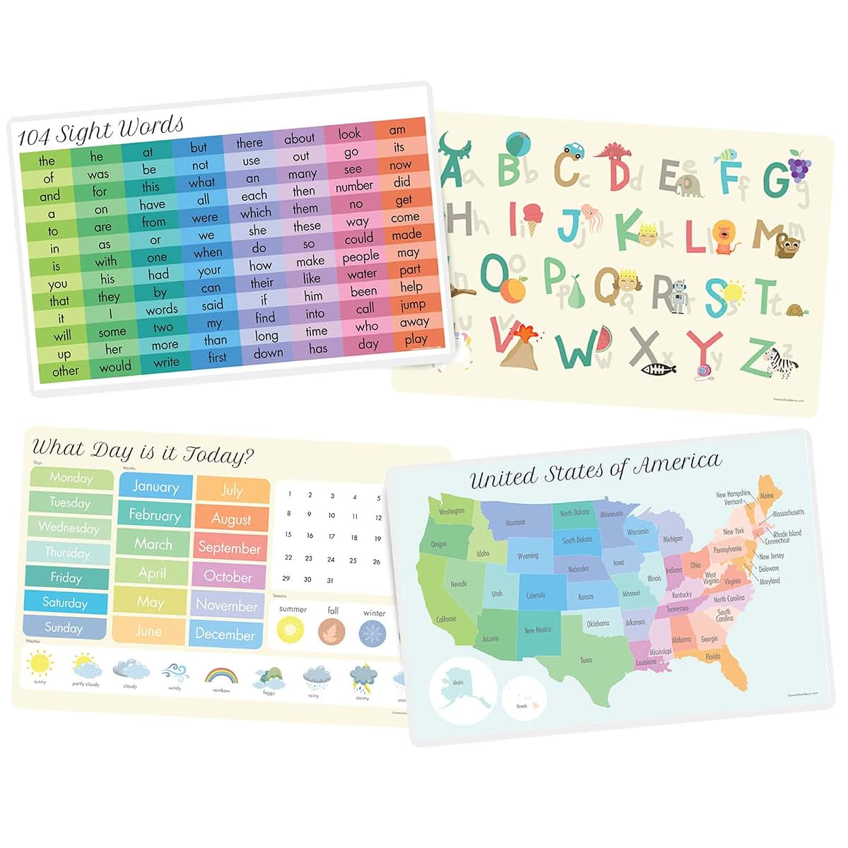 Educational Kids Placemats Set of 4 for Table Decor