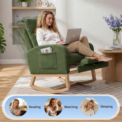 Glider Rocker Chair with Adjustable Footrest Side Pocket for Nursery Living Room
