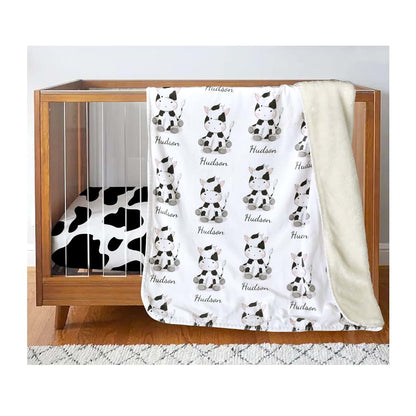 NICTIMEID Custom Sherpa Baby Blanket – Cartoon Cow Design with Personalized Name – Soft Crib & Stroller Gift for (photo 3)