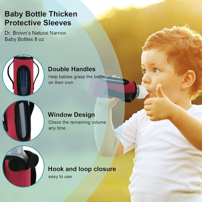 Beautyflier Glass Baby Bottle Sleeve Covers for Dr. Brown's 8 oz Narrow Bottles, 2-Pack with Dual Grips, Red and Blue