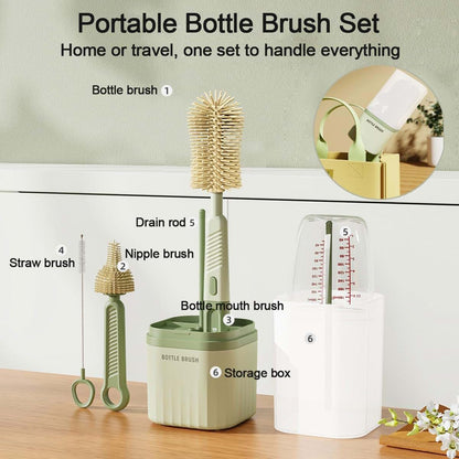 GIBENUO Silicone Bottle Brush Set with Nipple and Straw Brush, Drying Rack and Storage Box, Green