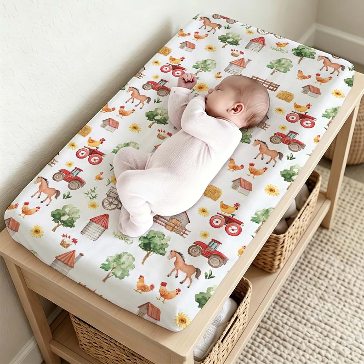 S2tMhb Horse Chicken Pattern Changing Pad Cover Liner for Unisex Baby,Farm Theme Snug Fitted Diaper Table Covers for (photo 2)