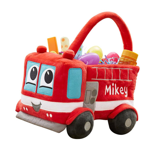 Personalization Universe Fire Truck Plush Easter Basket With Custom Embroidery