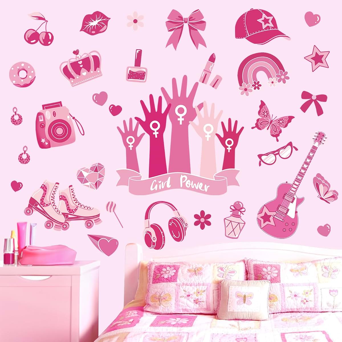 wondever Pink Girl Power Wall Decals Butterfly Bow Knot Wall Stickers