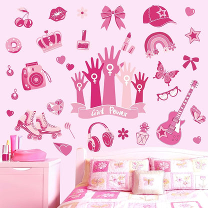wondever Pink Girl Power Wall Decals Butterfly Bow Knot Wall Stickers