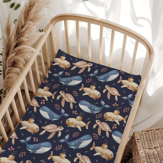 Wicbfdfv Cute Whales Sea Turtle Submarine Baby Crib Sheets for Boy Girl 52x28x9 in Ocean Animals Marine Bed Sheet for