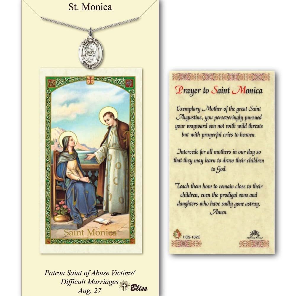Bonyak Jewelry Pewter St. Monica Medal On 18 Inch Lite Curb Chain With Prayer Card