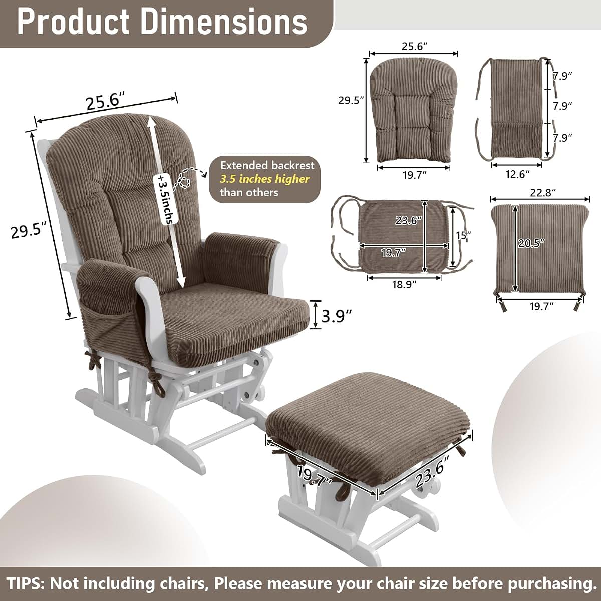 Boshen 5PCS Glider Rocker Replacement Cushions with Storage Side Pockets, Coffee (photo 2)