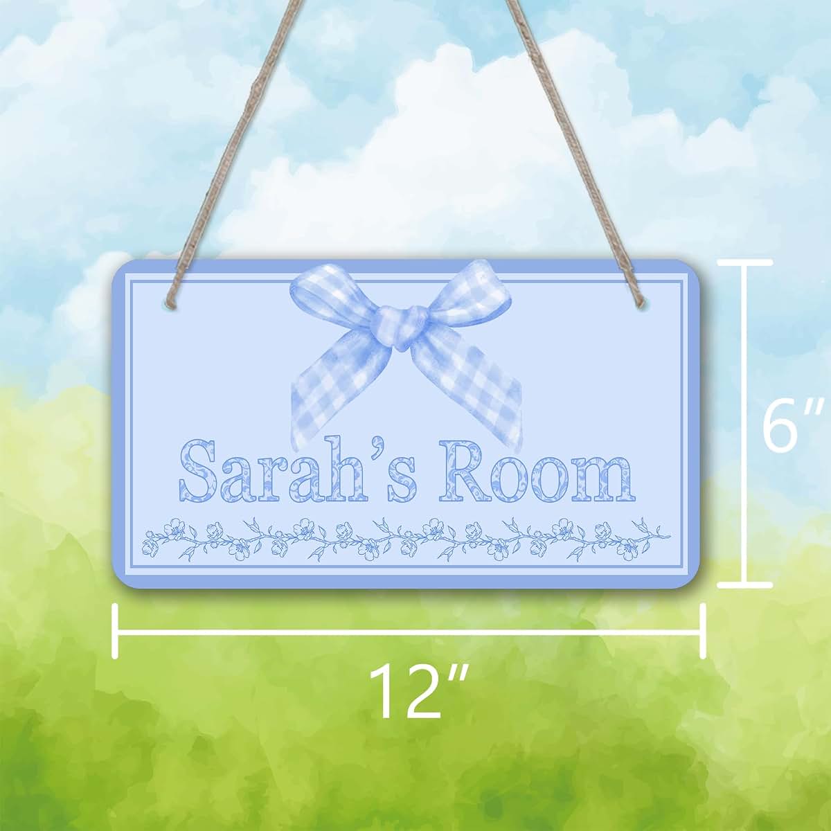 Duhuashu Personalized Blue Plaid Bow Kids Room Door Sign