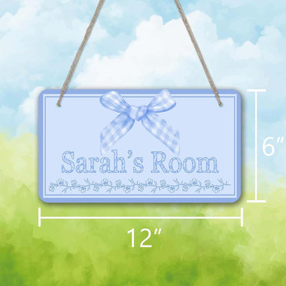 Duhuashu Personalized Blue Plaid Bow Kids Room Door Sign