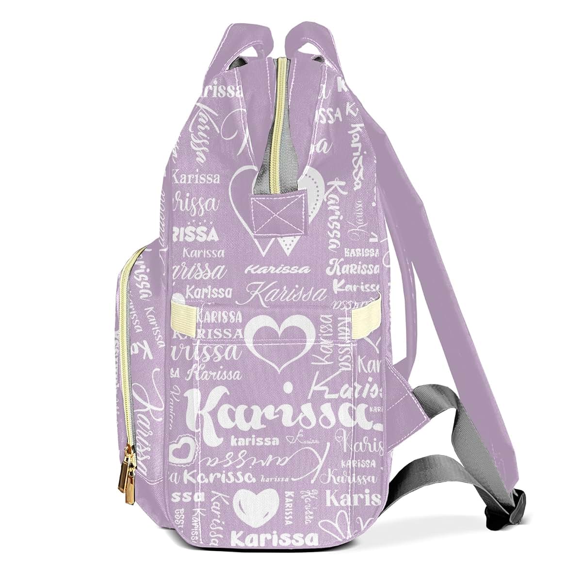YallLocoMo Personalized Diaper Bag Backpack Gift Heart Name Lettering Monogram Purple Large Capacity Nappy Bag: (photo 3)