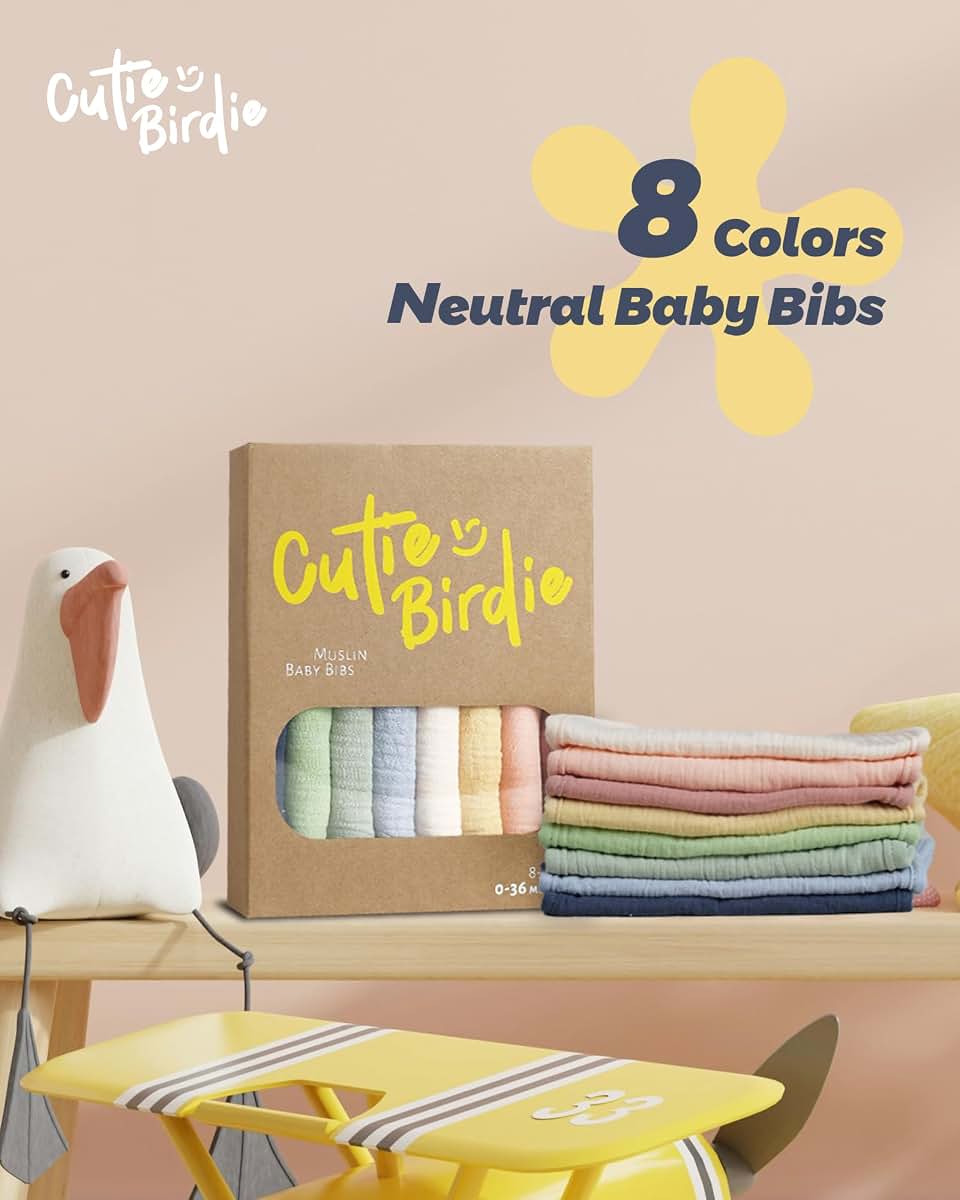 Cutie Birdie 8-Pack Muslin Baby Bibs In Colorful Solid Patterns (photo 3)