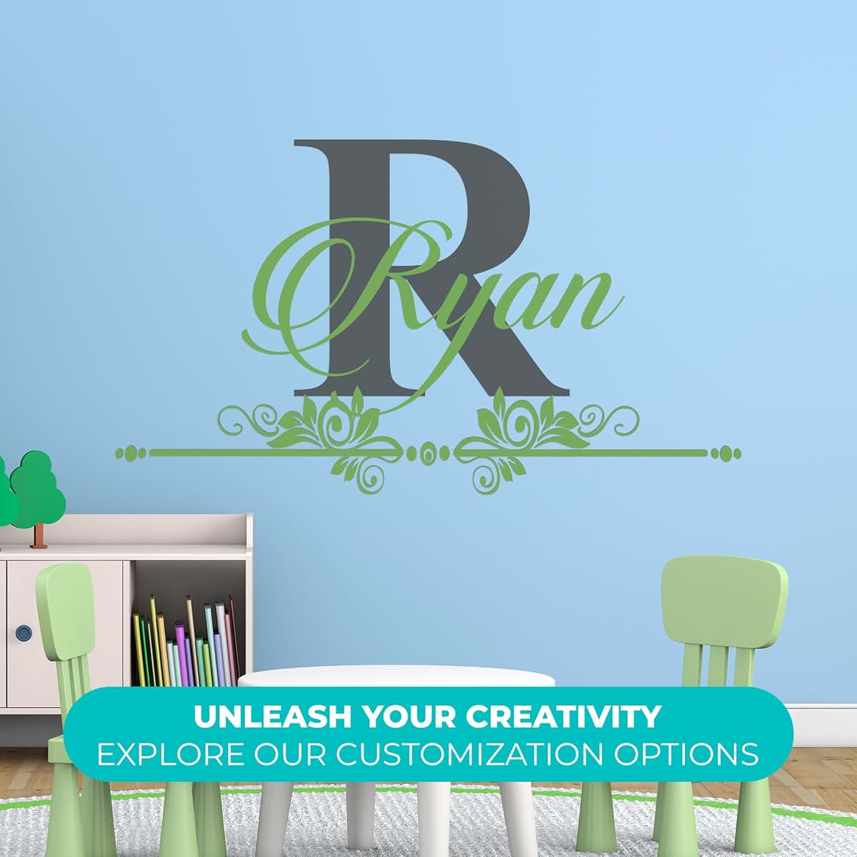 e-Graphic Design Inc Custom Name & Initial with Ornament Wall Decals I Personalized Wall Decor Aesthetic for Boy or