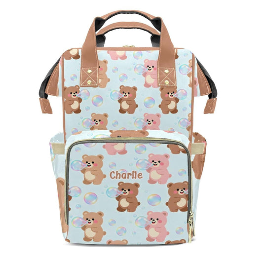 YallLocoMo Personalized Diaper Bag Backpack Name Cartoon Teddy Bear Bubble Multifunction Travel Backpack Nappy Bag