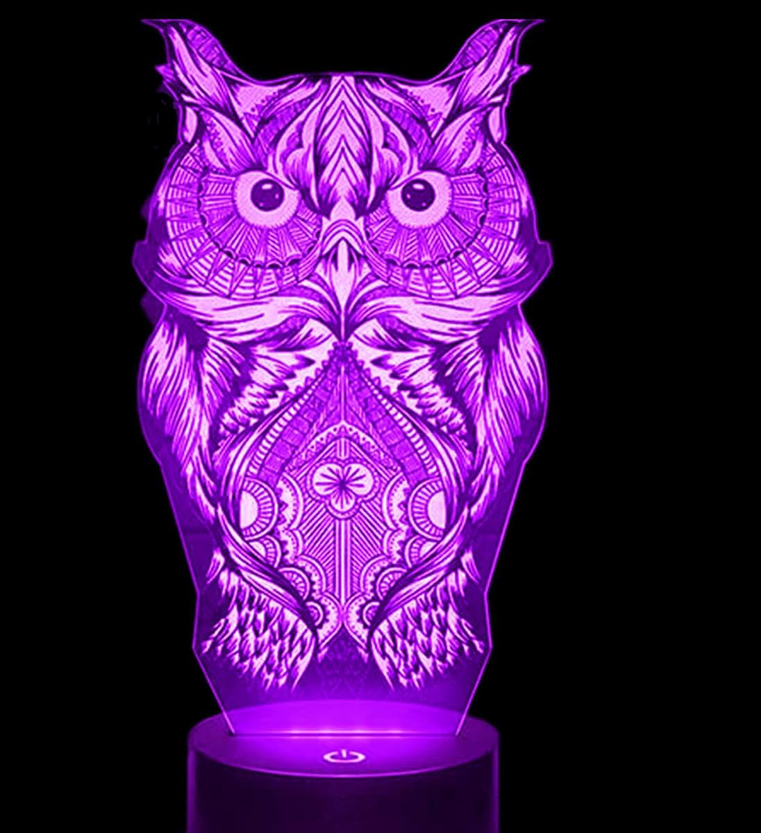 Jinnwell 3D Owl Night Light Lamp Illusion 7 Color Changing Touch Switch Table Desk Decoration Lamps Acrylic Flat ABS
