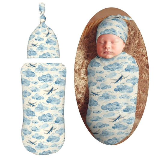 Muishi Hand Drawn Blue Airplanes Newborn Swaddle Blanket And Hat Set