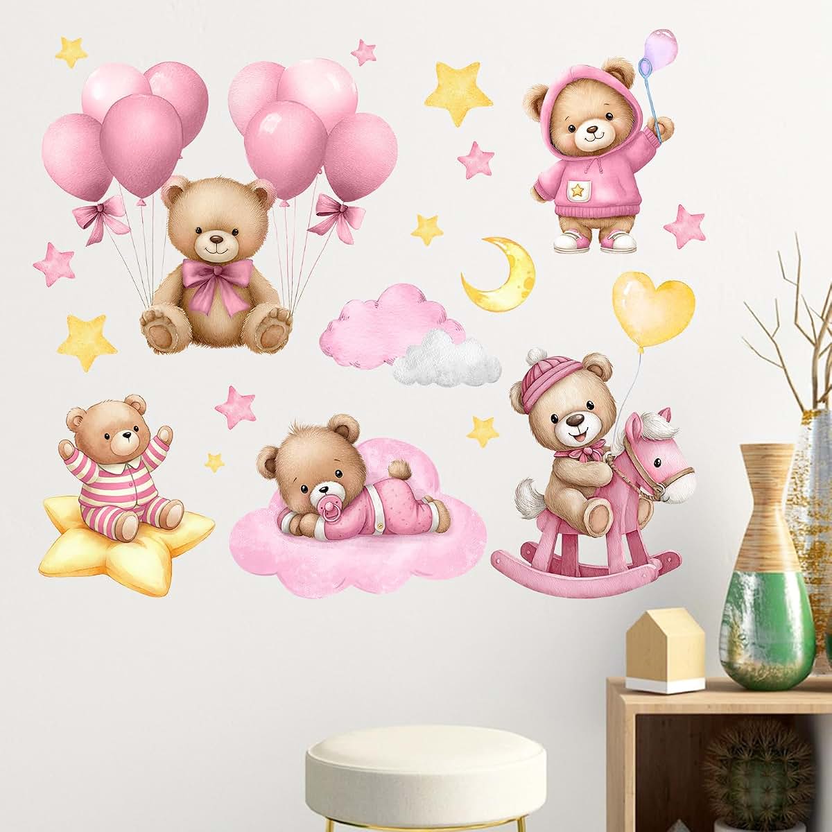 Mfault Pink Baby Bear Wall Decals, 2 Sheets, 35x12 Inches