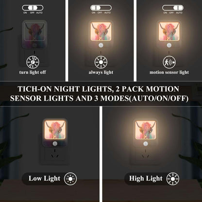 Qilmy Highland Cow Plug-in LED Nightlight, 2 Pack Auto Sensor Lighting