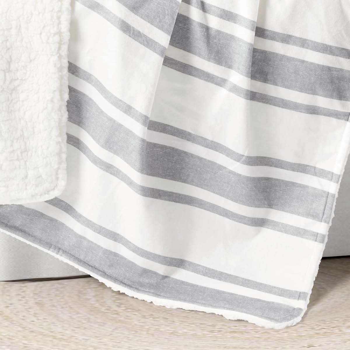 Lush Decor Baby Farmhouse Stripe Soft Sherpa Baby Blanket, 30" W x 40" L, Gray - Plush Striped Reversible Fleece (photo 2)