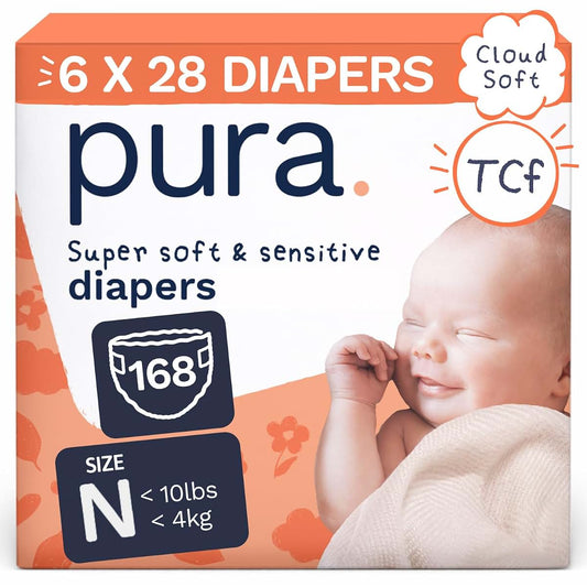 Pura Newborn Baby Diapers - Size N (Up to 10 lbs),168 Diapers, Cloud Soft Disposable Diapers for Sensitive Skin