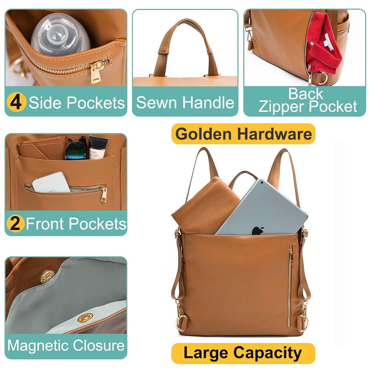 MF Store Leather Diaper Bag Backpack With Laptop Sleeve And Stroller Straps (photo 4)