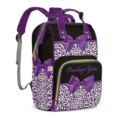 LiSoAkWE Customizable Large Capacity Purple Print Leopard Bow Diaper Bag Personalized Name,Waterproof Multi-Function (photo 2)