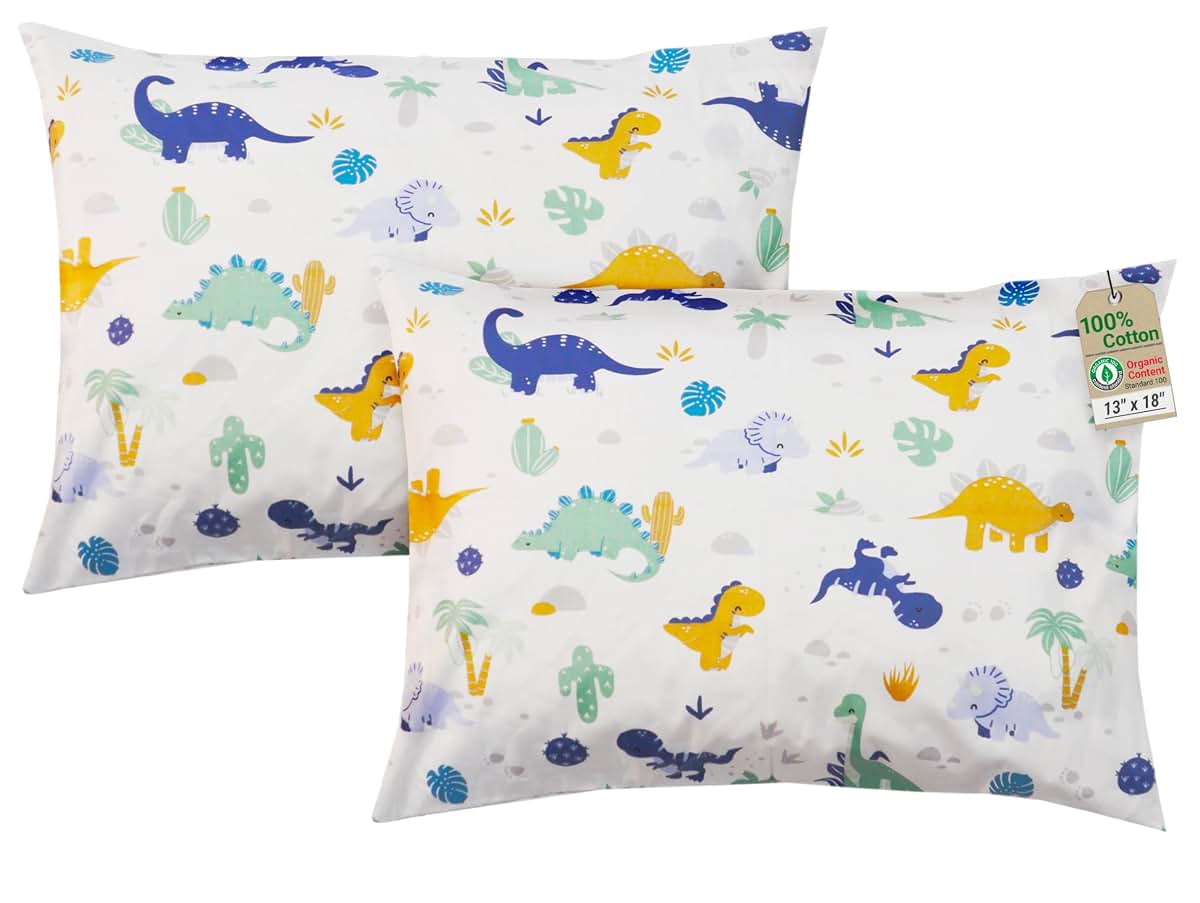 ZPECC Toddler Pillow 2 Pack, Organic Cotton Pillowcase, 13x18, Dinosaur