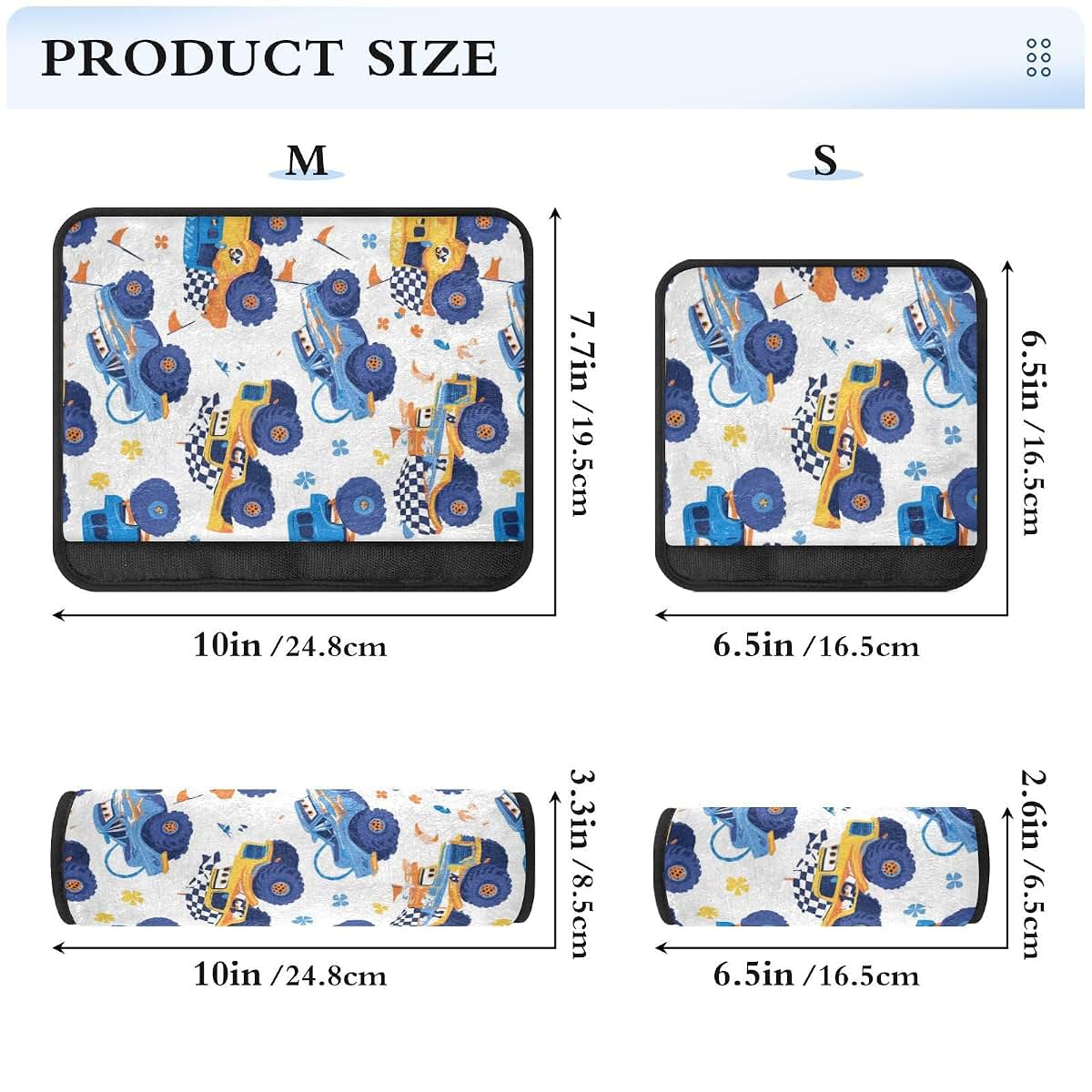BabyOneStop Seat Belt Covers 2 Pack Cute Monster Trucks Print Flannelette Cotton