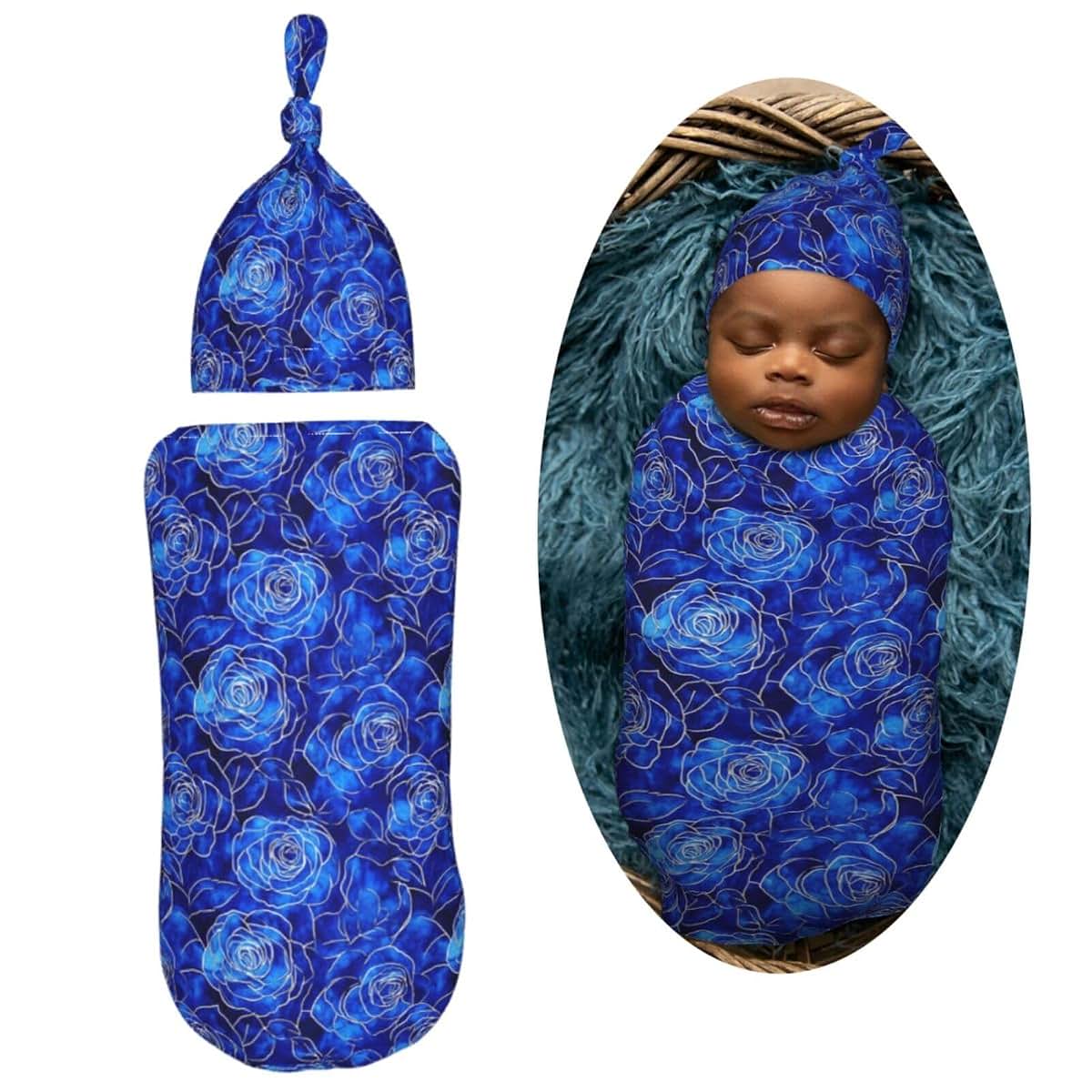 Muishi Blue Roses Pattern Newborn Swaddle Set