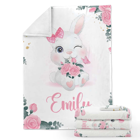 Voz Personalized Baby Blankets with Name, Customized Baby Blankets for Girls- Rabbit Baby Blanket, Best Gift for Baby