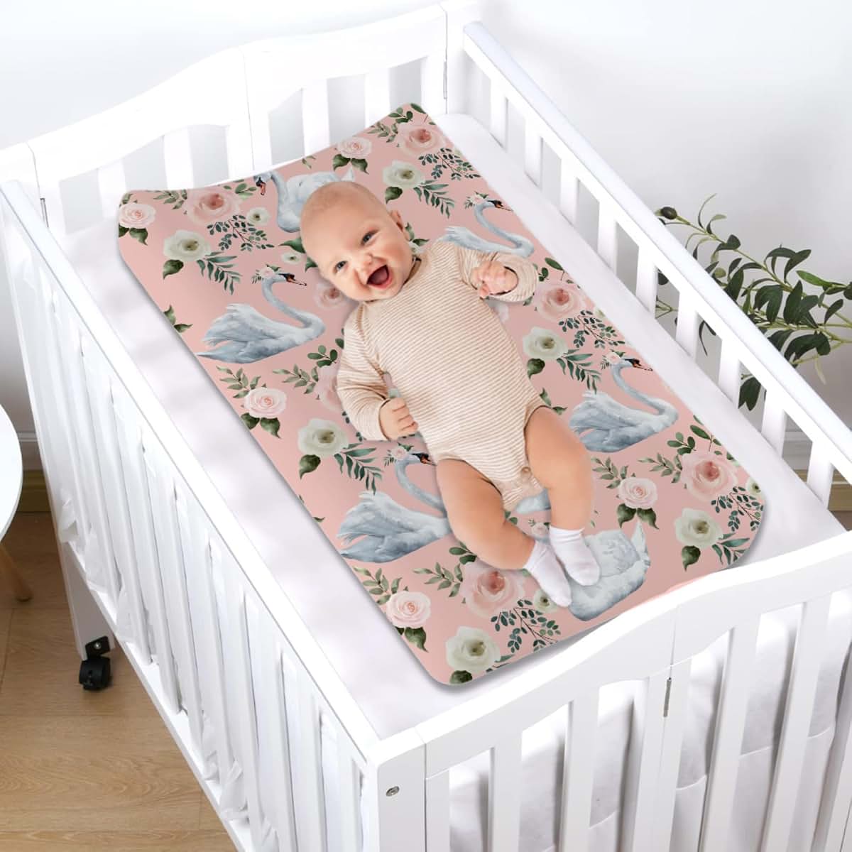 Watercolor Swan Boho Floral Changing Pad Cover