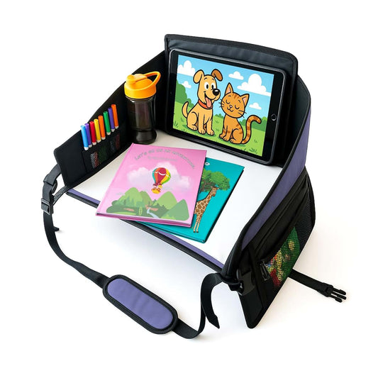 Triple EEE Adventures Kids Travel Tray for Car Seat - Purple Car Lap Desk with Storage