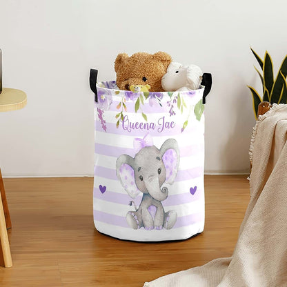Joyestore Lavender Elephant Striped Storage Bin, Waterproof Oxford Fabric Clothes Basket Organizer for Laundry (photo 3)