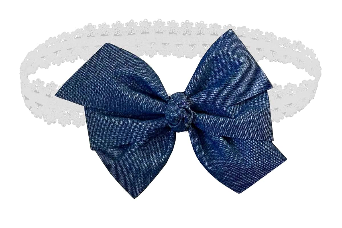 WEBB DIRECT2U Baby Girls Denim Blue Jean Hair Bow on White Stretch Headband, 5 Inch