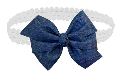 WEBB DIRECT2U Baby Girls Denim Blue Jean Hair Bow on White Stretch Headband, 5 Inch